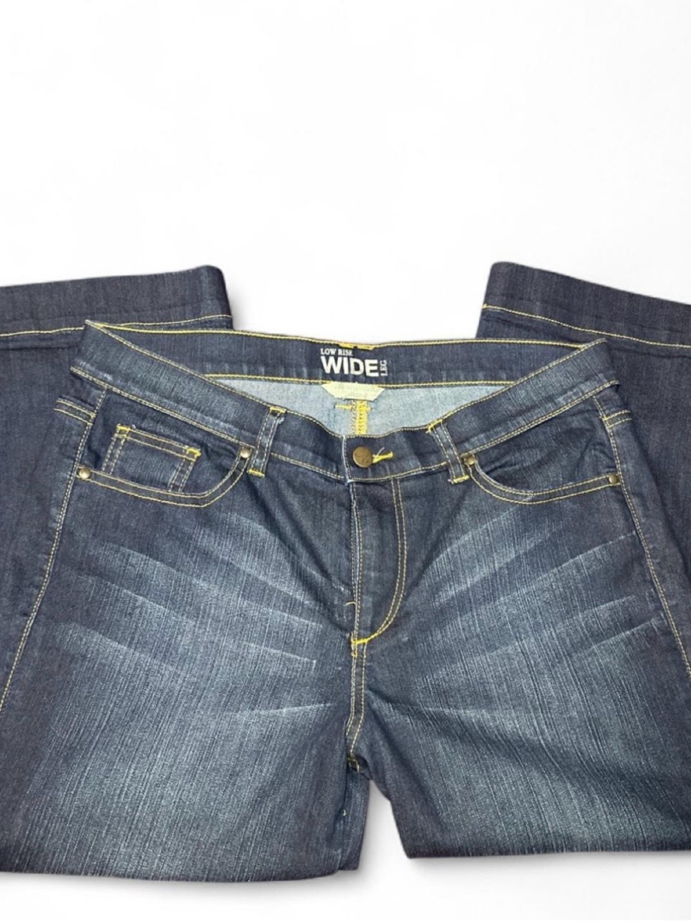 New York & Company Dark Blue Wide Leg Jeans with Yellow Stitching